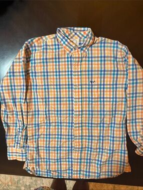 Men's Plaid Button-Down Shirt in Orange, Blue & White